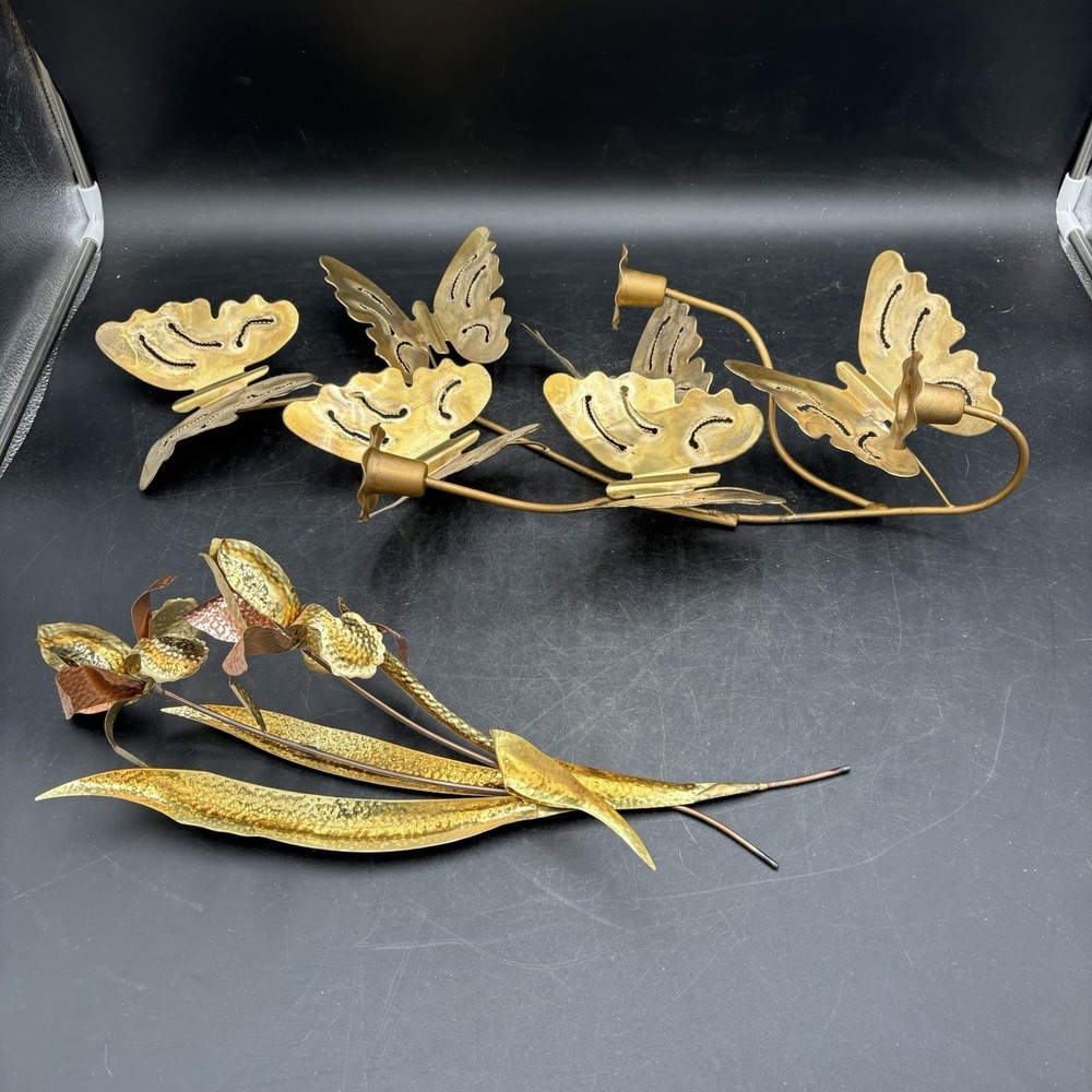 Lot of 2 Vintage Home Wall Decor Made of Copper & Brass Butterflies & Flowers